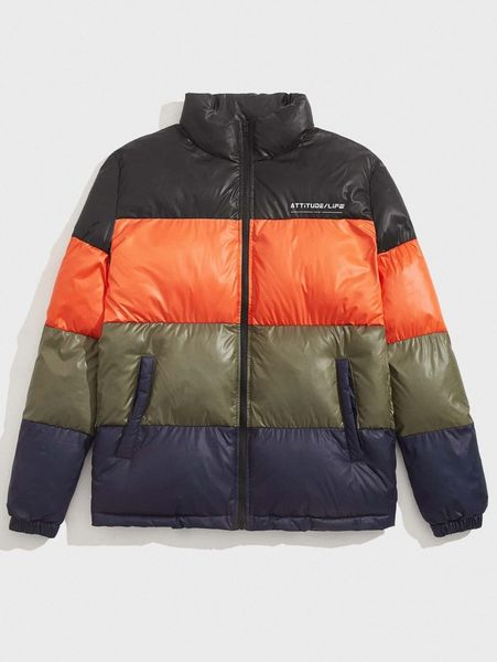 

1pc letter graphic colorblock zipper up puffer coat v90r#, Black;brown