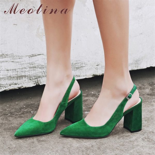 

meotina women shoes kid suede high heels pointed toe slingbacks thick high heel pumps autumn lady party heels green beige 34-42 t200525, Black