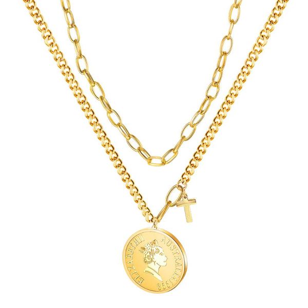 

chokers firebros 2021 gold color stainless steel cross queen elizabeth portrait pendant layered chain necklace choker women kpop jewelry, Golden;silver