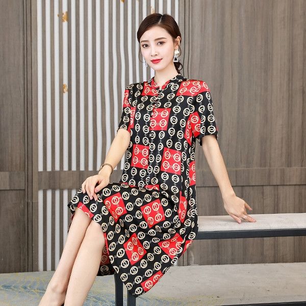 

2020 новый лето новый национальный стиль женщин плед короткий рукав dressnational dressdress свободные большой размер платья для пожилых zsx, Black;gray