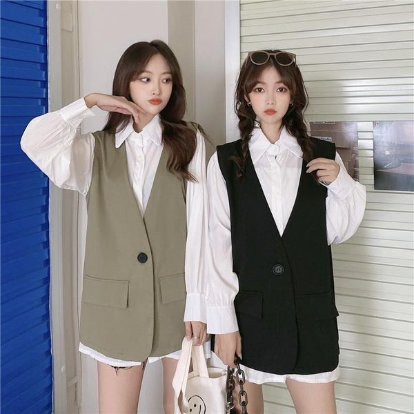 

autumn 2021 new loose sleeveless suit short coat suit air vest shirt two sets tide woman, Black;white