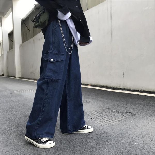 

wide leg pants loose jeans women korean style couples clothing pants women high waist elastic waist hip hop streetwear pant1, Blue