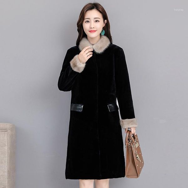 

2020 autumn winter faux turn-down collar coats women pockets thick warm fur elegant single breasted jacket vestidos1, Black