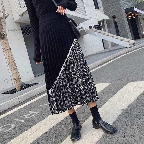 

knitted high waist women autumn winter 2020 retro stitching medium length pleated a-line plaid skirt y1214, Black