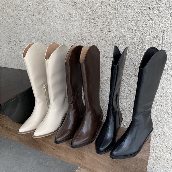 

winter for woman new fashion pointed toe shoes pure color beige zipper chunky heels knee high boots concise 35-391, Black