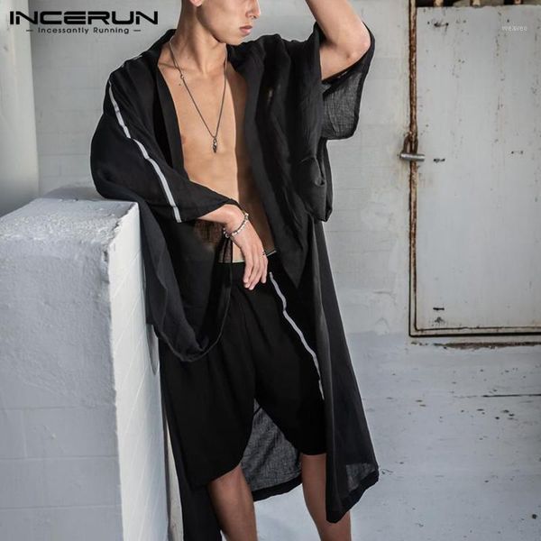 

incincerun men outerwear patchwork 3/4 sleeve streetwear open stitch cloak coats men fashion translucent casual long trench 5xl1, Tan;black