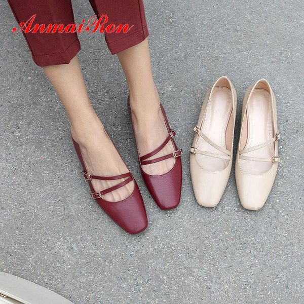 

anmairon 2020 round toe womens shoes buckle strap sweet mary janes genuine leather square heel spring/autumn shoes woman 34-39, Black