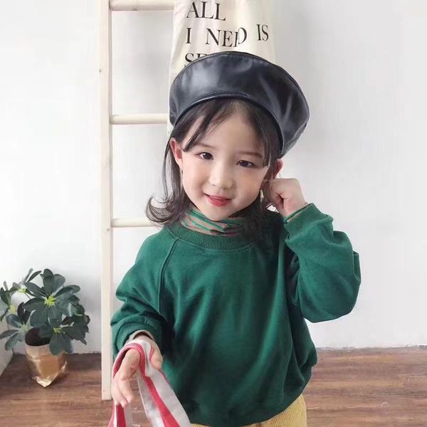 

2020 new chlidren hat octagonal cap pu leather beret girl fashion painter hat simple black gorras1, Blue;gray