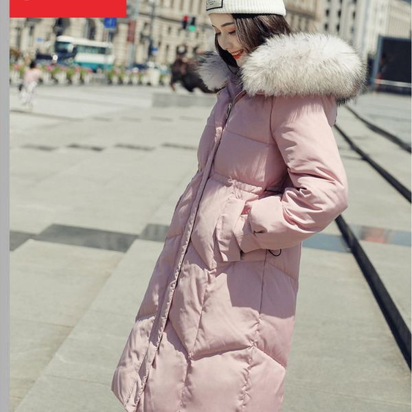 

down jacket female long section new large fur collar loose thick coat white black pink