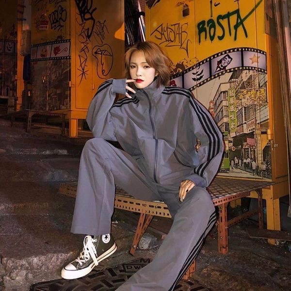 

2021 new spring and casual autumn hong kong girl style hip-hop neutral sports two pairs suit 2bba, White