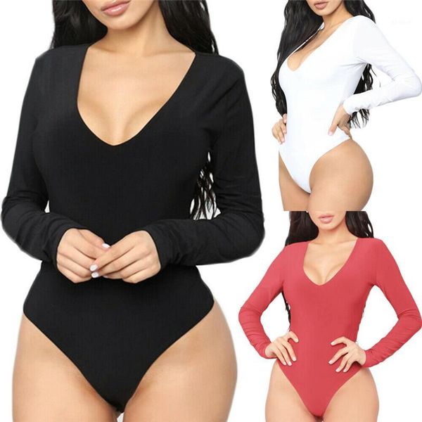 

hirigin women lady long sleeve deep v-neck bodysuit 2020 new solid stretch leotard jumpsuit romper bodysuit wholesale1, Black;white