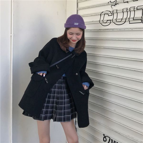 

2021 new casual thicken tweed wool women korean warm horn buckle jacket and coat female fashion outerwear lady streetwear y9uq, Black