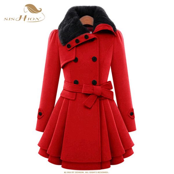 

sishion plus size black red women vintage coat autumn winter wool blend coat double breasted ladies belt coats lj201106