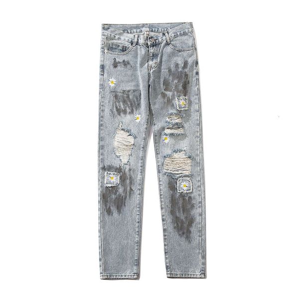 

2020 hip hop men's autumn winter street leisure chrysanthemum embroidery jeans cargo leather compression pants for men fashion, Black