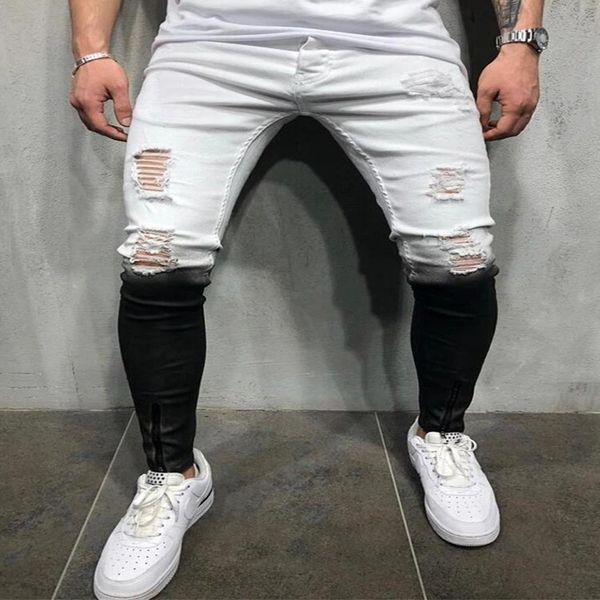 

men's stretch torn black and white gradient tight jeans, jogging cloth, pip, autumn cloth, Blue