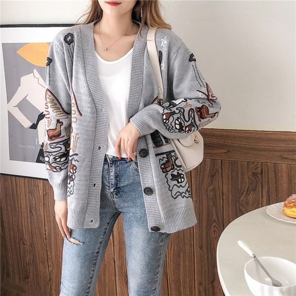 

yznva online outerwear embroidered knitted celebrity cardigan women's 2020 embroidered coat sleev new lazy style loose large size long, White;black