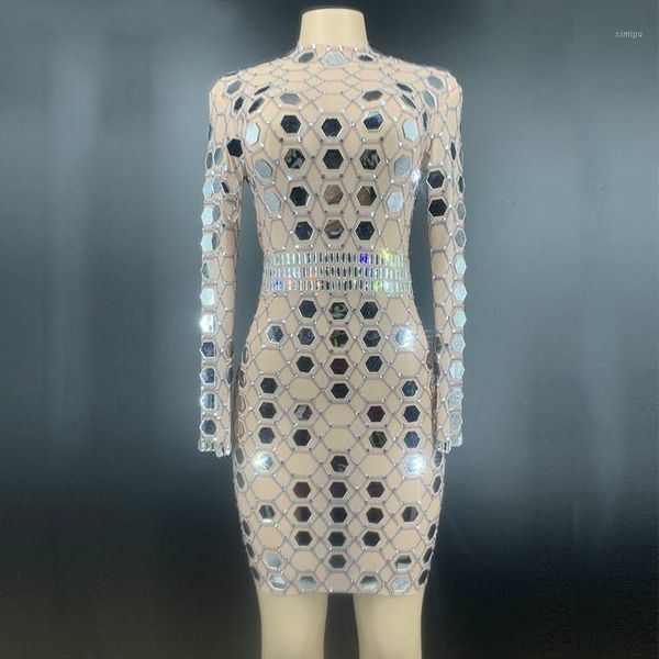 

women clothing costumes mesh dress sparkly rhinestones mirror club stage outfit see through crystal singer show dresses1, Black;red