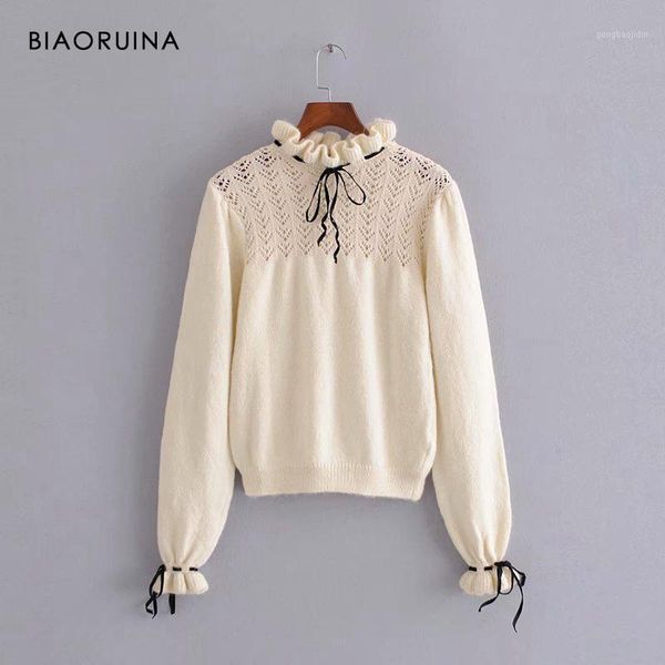 

biaoruina women's beige hollow out sweet knitted pullover mock neck bow tie decoration female elegant sweater long sleeve1, White;black