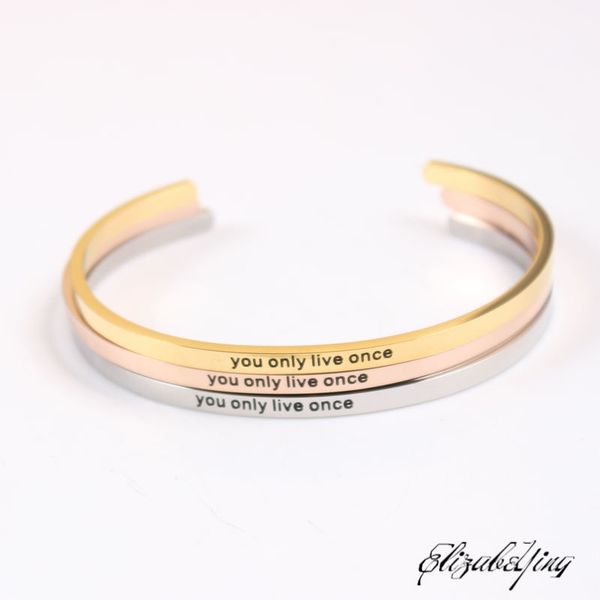 

bangle stainless steel engraved positive inspirational quote you only live once mantra bracelet jewelry for women, Black