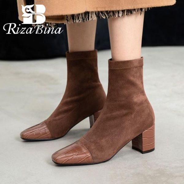 

rizabina women ankle boots fashion thick high heel winter shoes woman stretch boot casual daily office lady footwear size 31-43, Black