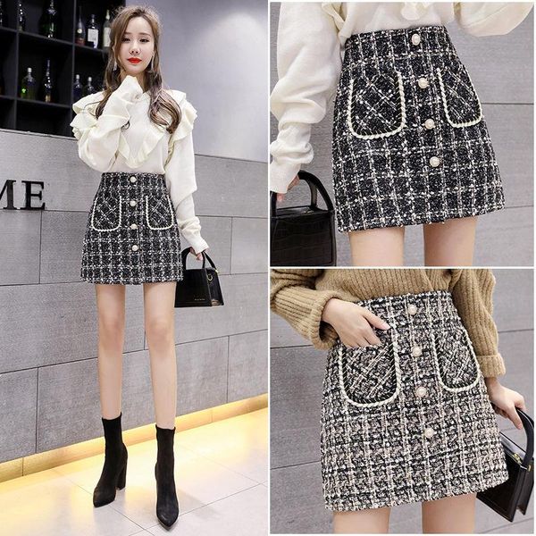 

woolen a- line skirt 2020 autumn and winter skirt wrapped woman skirts mujer faldas saias mulher, Black