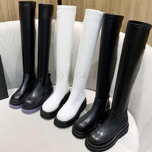 

high boots elastic women platform shoes thick bottom fashion designer new2020 over-the-knee white/black real leather highquality