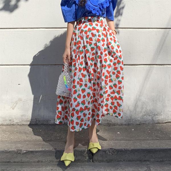

new summer print strawberries 2020 sweet high waist streetwear loose women all match a line long skirts, Black