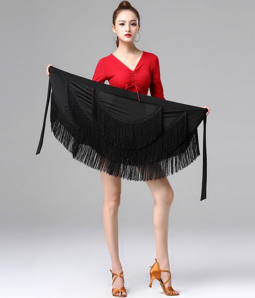 

latin dance training clothes female hip skirt new rumba samba dancing performance practice tassel hip scarf, Black;red