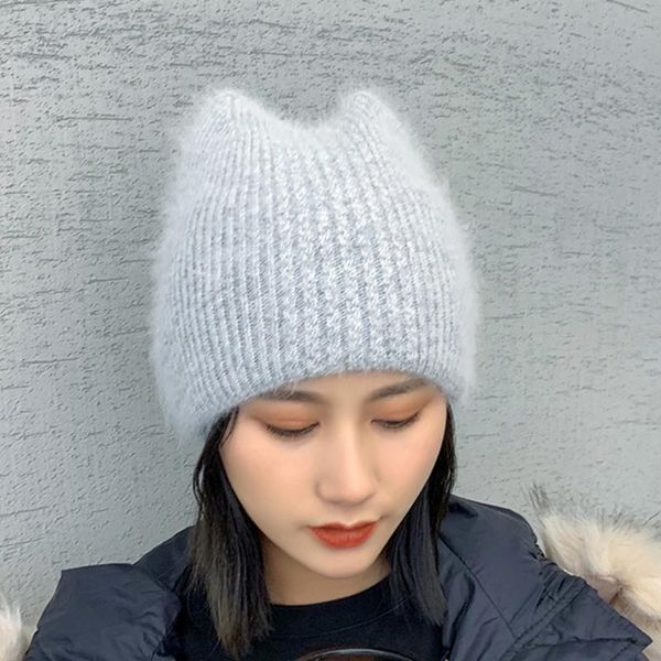 

beanie/skull caps winter knitted beanie hat cute kitty ears furry faux wool skull cap ear warmer 649c, Blue;gray