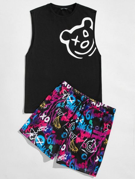 

men cartoon graphic tank & shorts set g8kg#, Gray