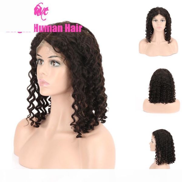 

wave cuticle aligned brazilian raw virgin human hair front lace bob wig for women natural black middle part 4*4 deep curly, Black;brown