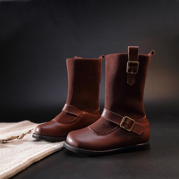 

boots solid color knitted ankle princess shoes buckle high children soft bottom girls autumn winter casual kids botas, Black;grey