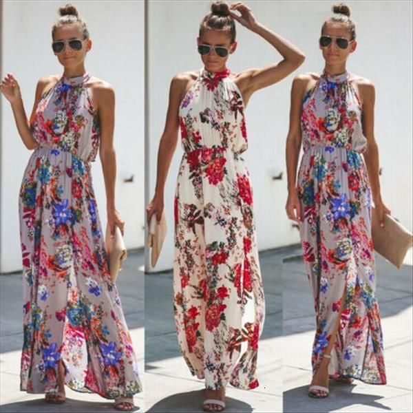 

womens boho lange maxi jurk lady avond party beach dress zonnejurk bloemen mouwloze lange jurk, Black;gray