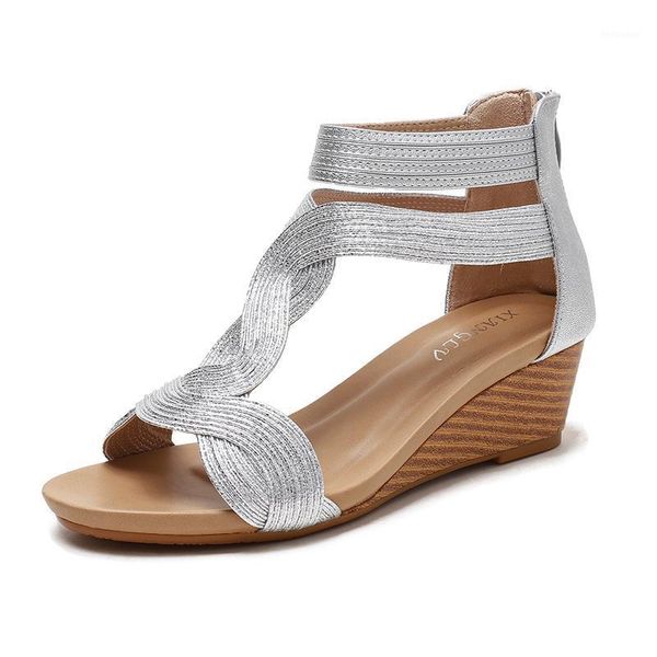 

sandals summer women wedges shoes soft leather t strap zipper open cover heel design ladies female large plus size 36-421, Black