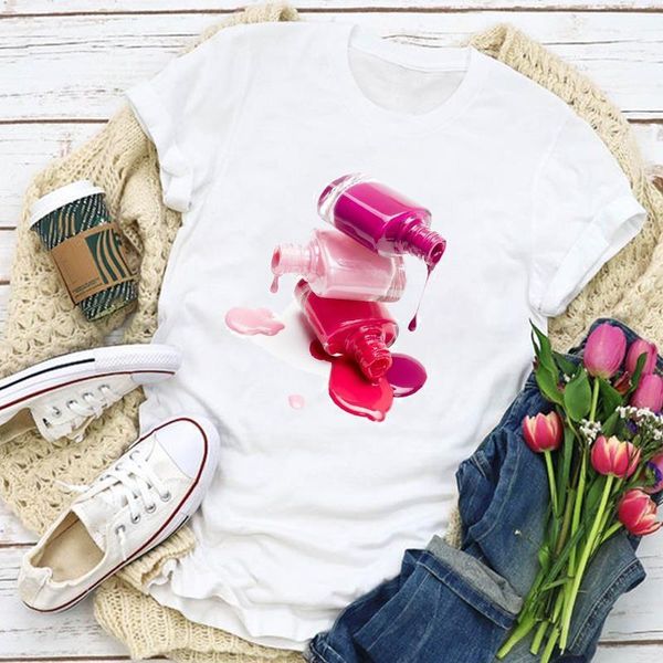 

женщины графический 3d бутылка красота макияж мода пальца ногтей летняя футболка топы леди женская одежда одежда одежда тройник женская футб, White