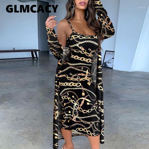 

two piece dress women chain print spaghetti strap midi with cardigan chic streetwear outfit1, White