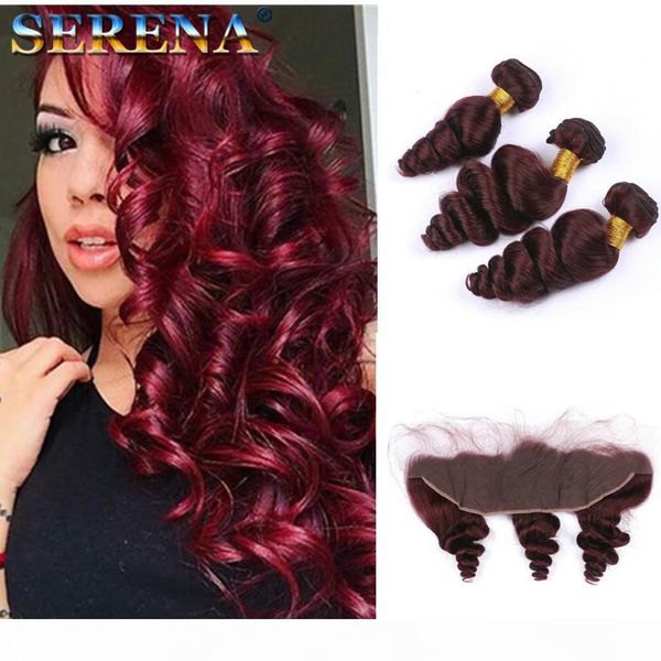

virgin перуанского wine red human lace волос фронтальная закрытие 13x4 free три часть сыпучей волны # 99j burgundy полного шнурок с узелками, Black;brown