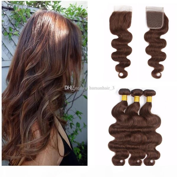 

middle brown human hair weaves with lace closure body wave chocolate brown hair extension with 4x4 lace closure part, Black;brown