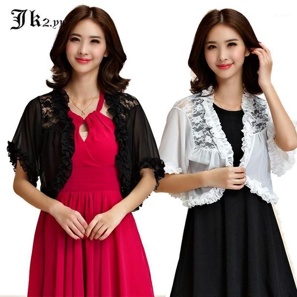 

m-3xl women floral lace up ruffles jacket coat 2020 summer ruffles chiffon cardigan plus size short sleeve black/white 97541, Black;brown