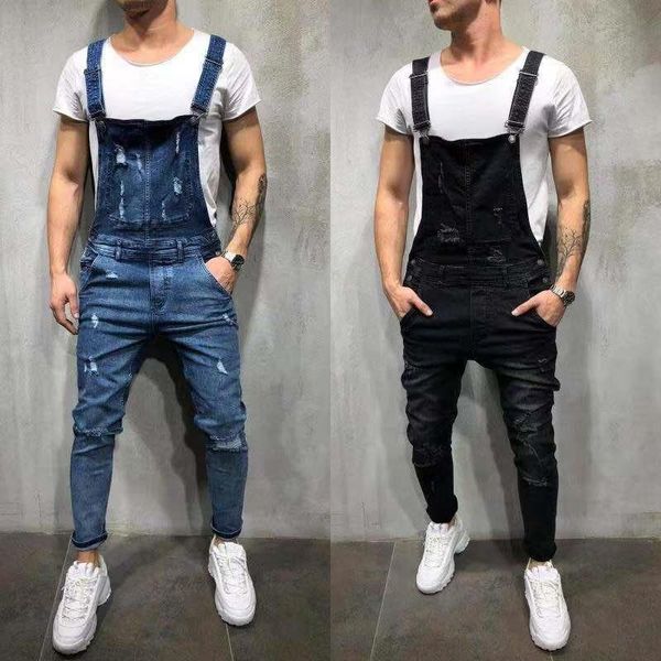 

men's jeans ripped suspender trousers jumpsuits hi-street distressed skinny denim pencil pants bib overalls for man large size, Blue