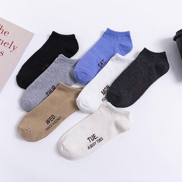 

7 pairs new arrival happy week's socks print men's spring summer cotton colorful letters casual shallow short socks, Black