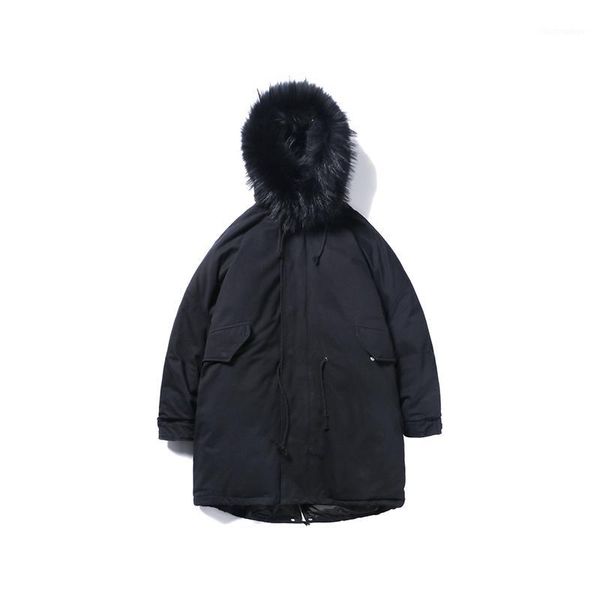 

thicken cotton-padded clothes solid color casual loose hooded fur collar long coat men snow parka outwear homme 2018 winter s-xl1, Black