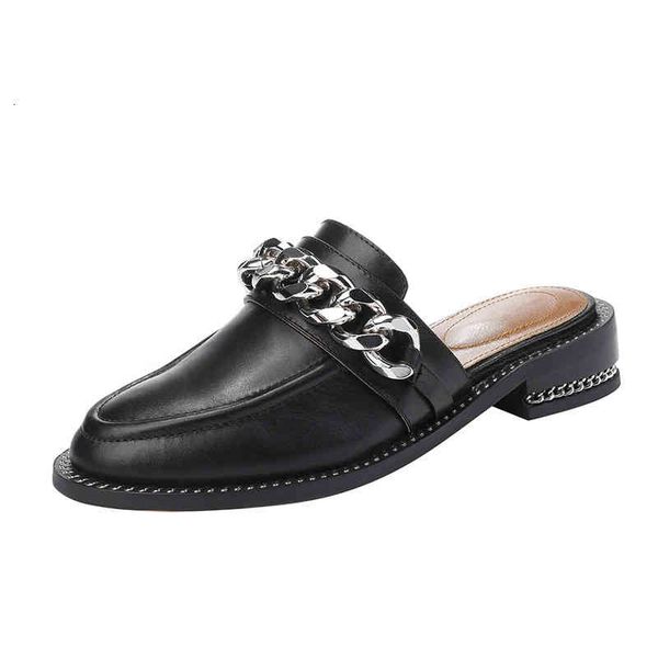 

classic fashion designer slippers luxury women's sandal metal chain genuine leather flat shoes size heel height 4cm 35-40, Black