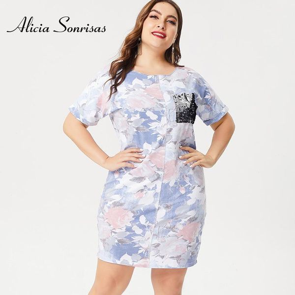 

4xl 5xl 6xl plus size women dress new 2020 summer printed sequins pockets short-sleeved floral printed dresses zpz91011, Black;gray