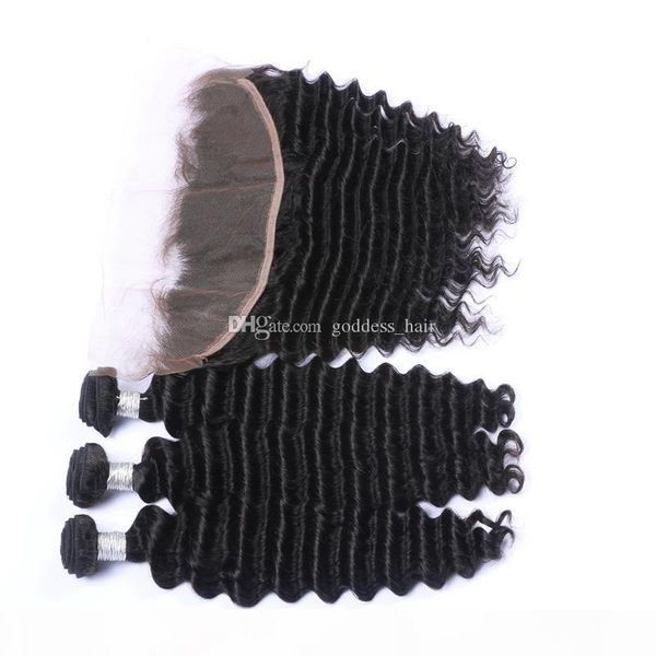 

deep wave ear to ear lace frontal closure with hair bundles unprocessed deep curly hair extensions with 13x4 lace frontal 4pcs lot, Black