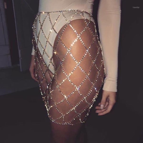 

fashion women rhinestone hollow out mesh mini skirt cover up bikini adjustable metal chain crystal diamond skirt nightclub wear1, Black