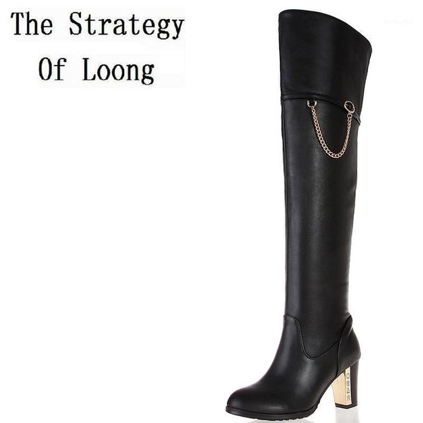 

boots genuine leather over the knee women long woman full grain chain winter thick high heels plus size 41 42 431, Black