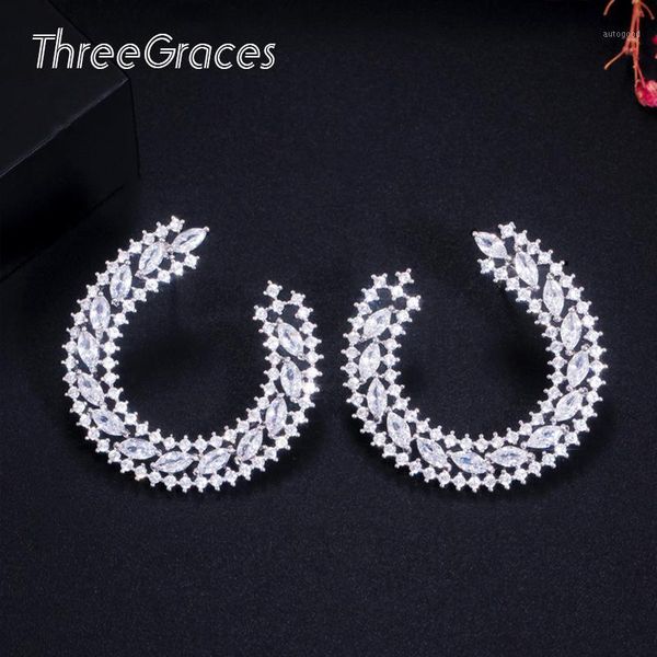 

stud threegraces fashion women costume party jewelry shinning white micro pave cubic zirconia moon shape big earrings er4561, Golden;silver