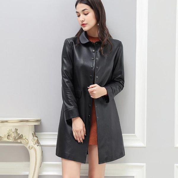 

2020 new spring 100% real leather coat women mid long lady genuine leather jacket sheepskin coat simple slim elegant outerwear, Black