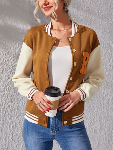 

emery rose letter patched striped trim drop shoulder bomber jacket q4vw#, Black;brown